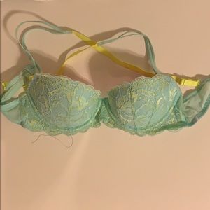 blue and lime lace racer-back push-up bra